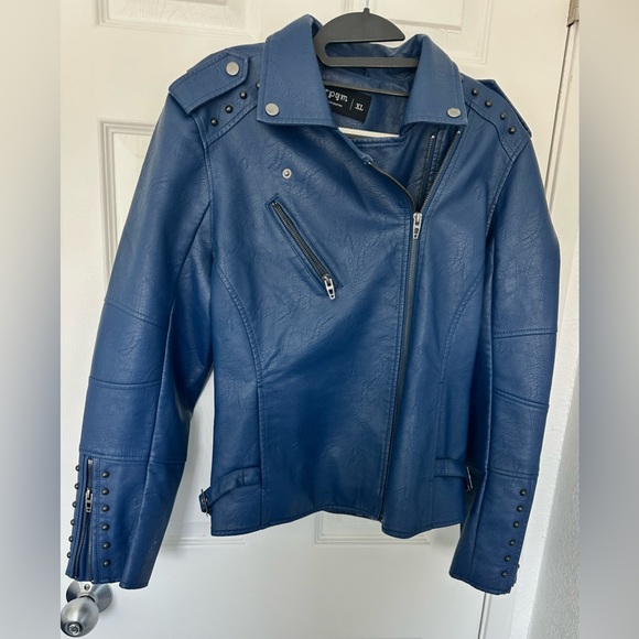 S P Y M Women’s Faux Leather Jacket, Double Zip Up, Moto Biker, Rivets- XL- Navy - Picture 6 of 14